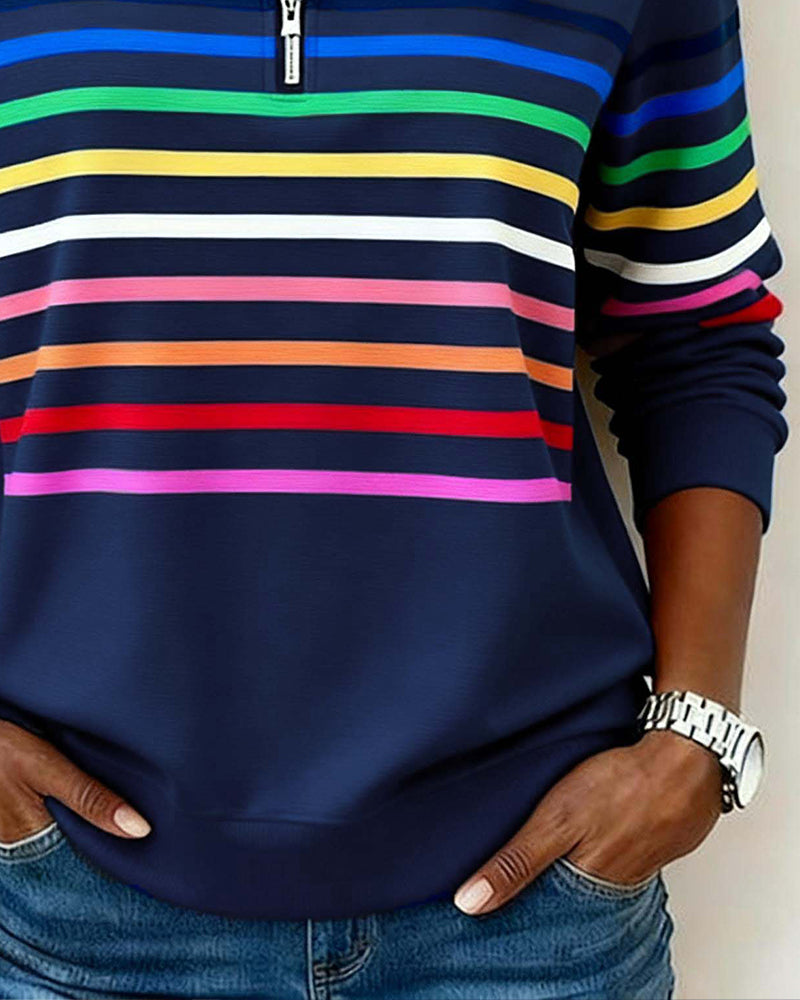Jersey de punto para mujer con cremallera de un cuarto y franjas