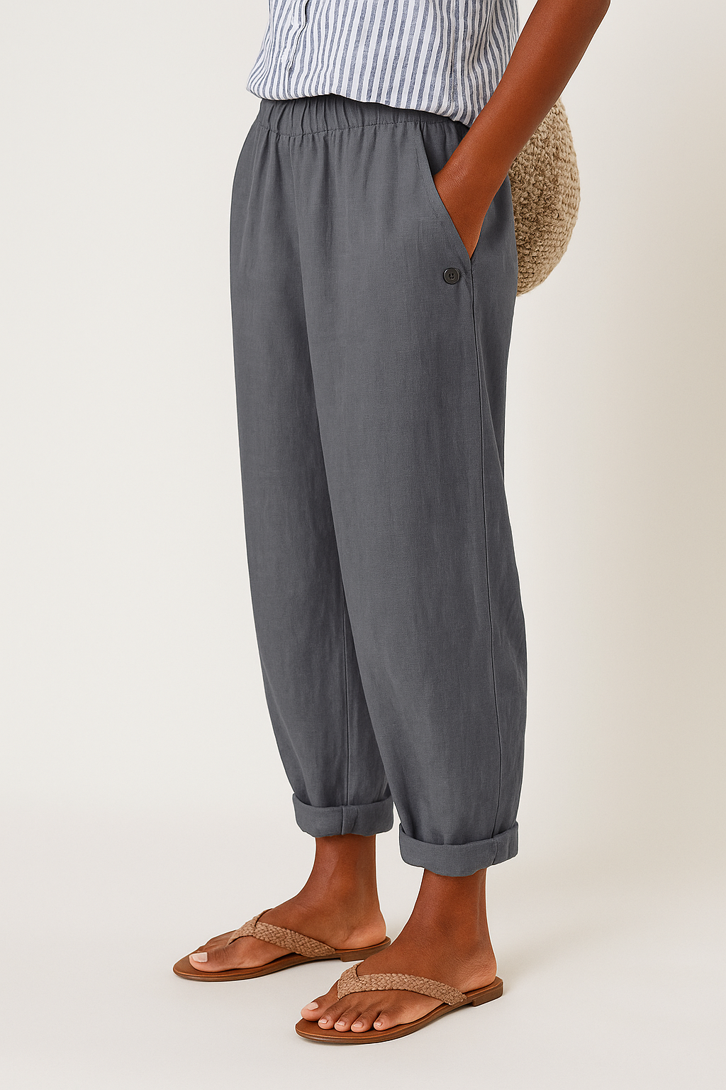 Pantalones de mujer de mezcla de lino con cintura elástica y bolsillos laterales