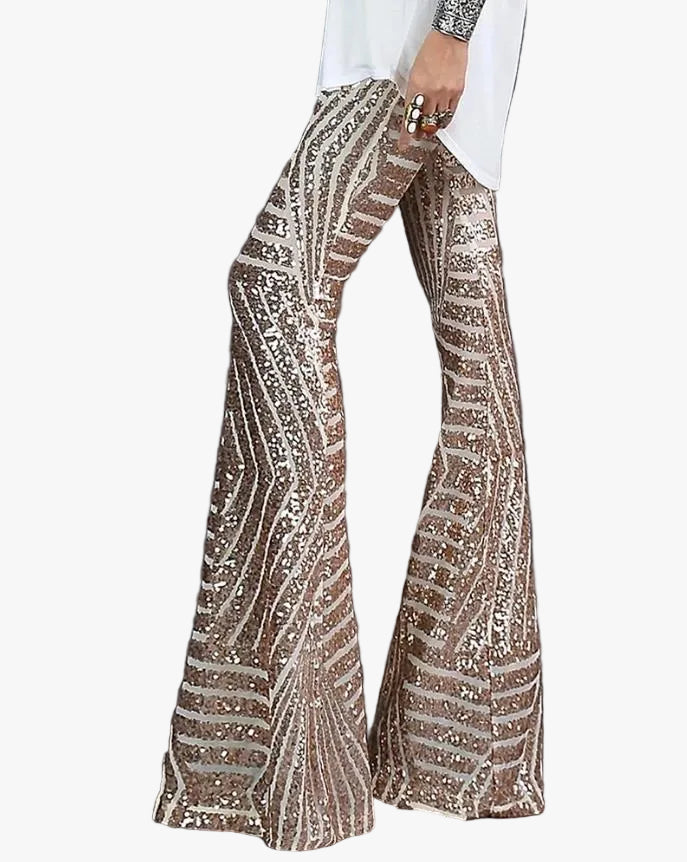 Pantalones acampanados de lentejuelas con cintura elástica y rayas geométricas para mujer