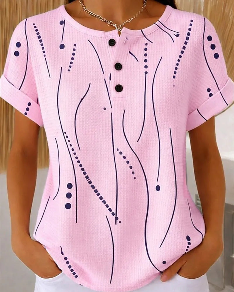 Camiseta de mujer de manga corta con estampado gráfico y botones