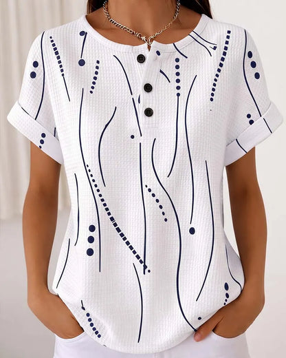 Camiseta de mujer de manga corta con estampado gráfico y botones