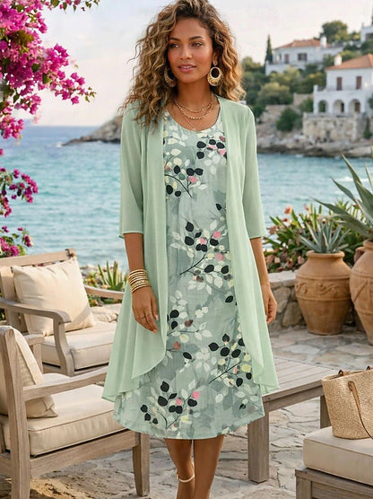 Conjunto de vestido floral para mujer con cárdigan ligero