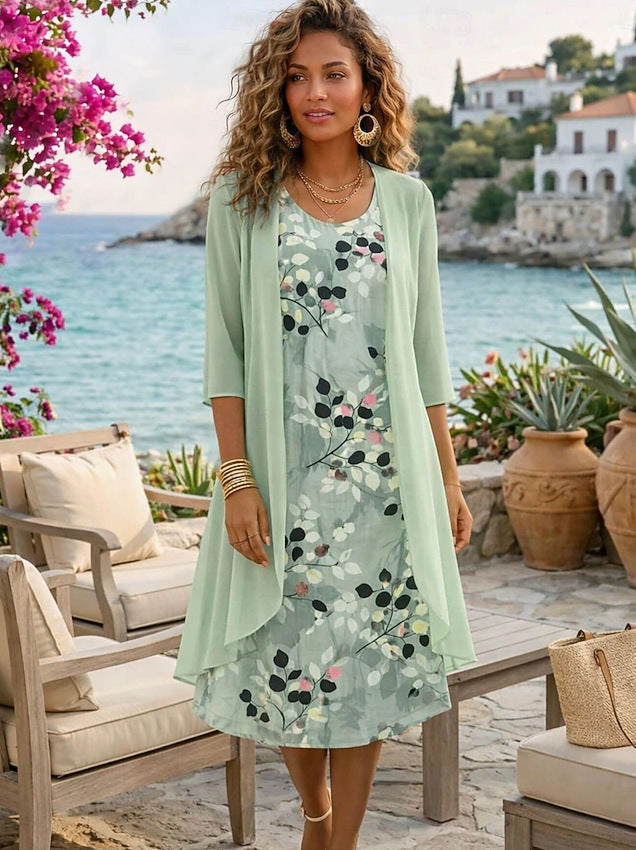 Conjunto de vestido floral para mujer con cárdigan ligero
