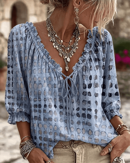 Blusa mujer de lunares con escote en V y cordón ajustable