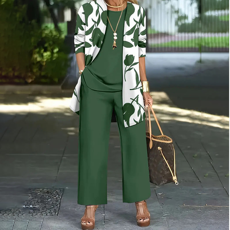 Conjunto de tres piezas mujer con chaqueta floral y pantalón recto