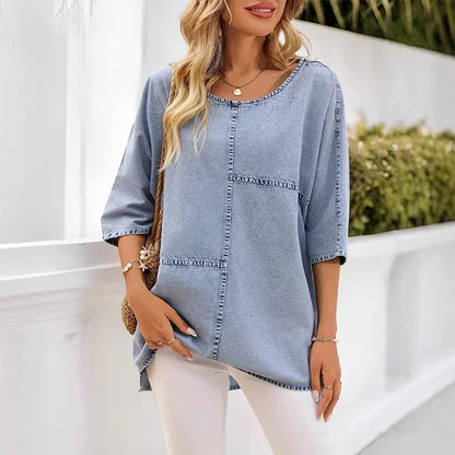 Camiseta de mujer efecto denim con costuras decorativas