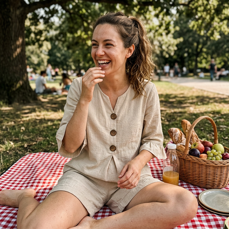 Conjunto de algodón para mujer con blusa de botones y shorts