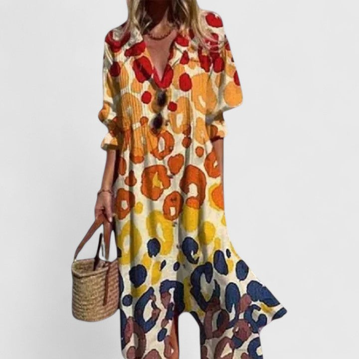 Vestido camisero maxi con estampado de hojas – Elegancia boho desenfadada
