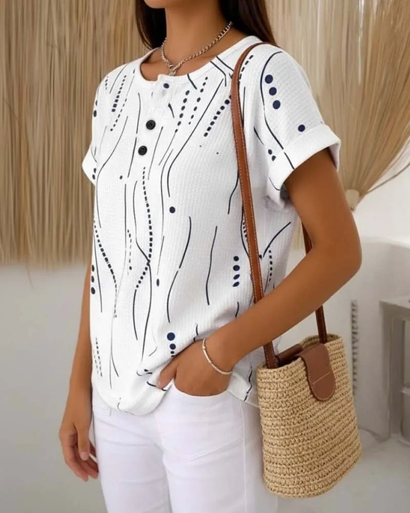 Camiseta de mujer de manga corta con estampado gráfico y botones