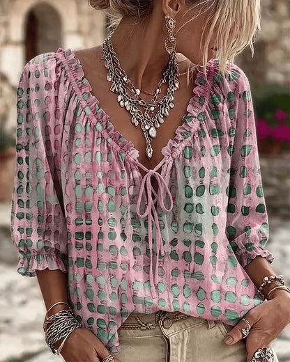 Blusa mujer de lunares con escote en V y cordón ajustable
