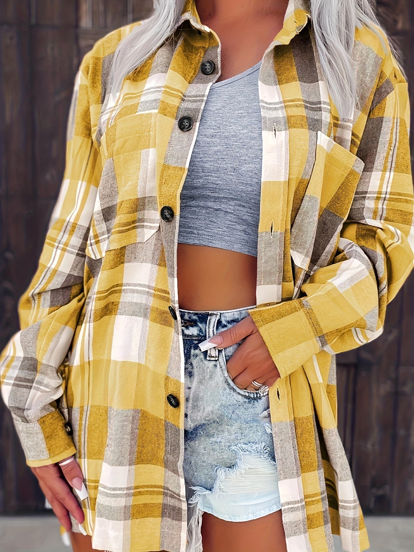 Camisa de poliéster a cuadros con botones para estilo casual