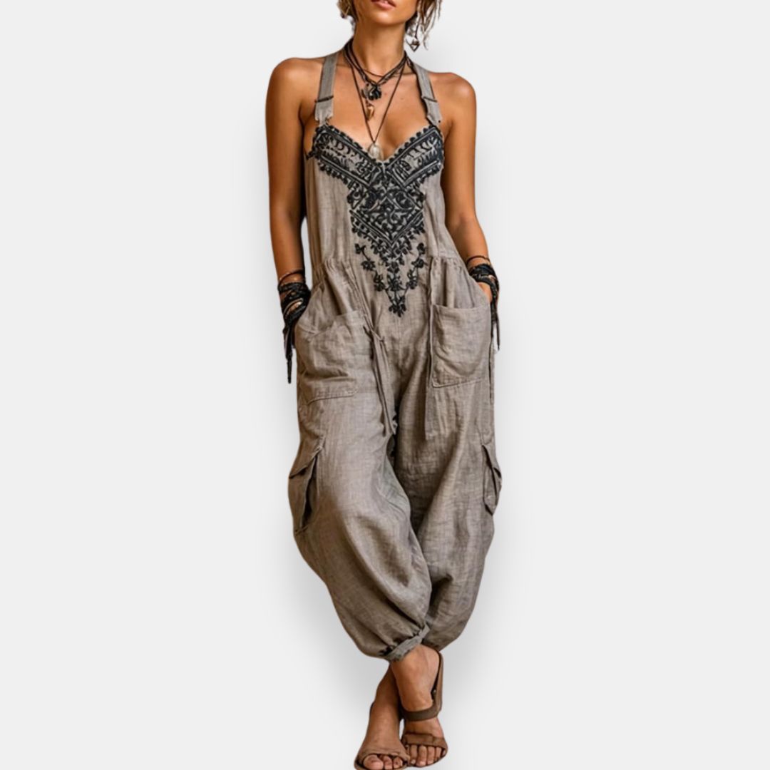 Mono bohemio para mujer con bordados decorativos y tirantes ajustables