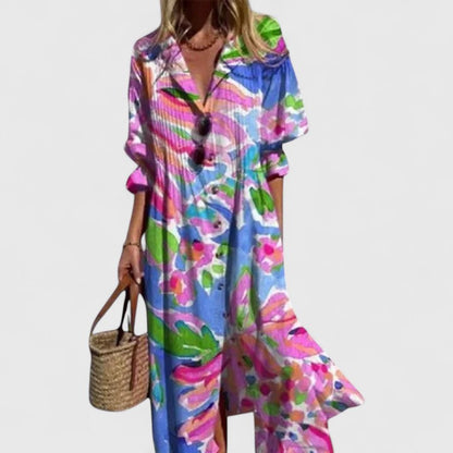 Vestido camisero maxi con estampado de hojas – Elegancia boho desenfadada