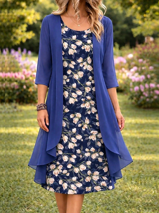 Conjunto de vestido floral para mujer con cárdigan ligero