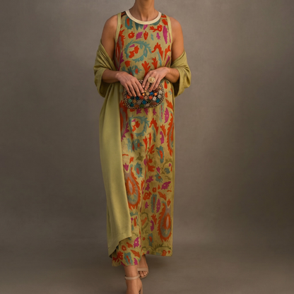 Conjunto de vestido largo para mujer con chaleco abierto a juego