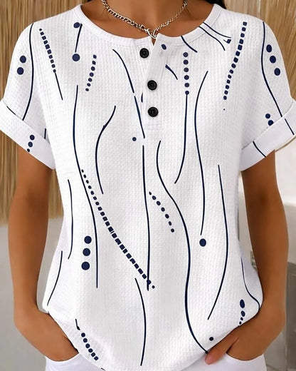 Camiseta de mujer de manga corta con estampado gráfico y botones