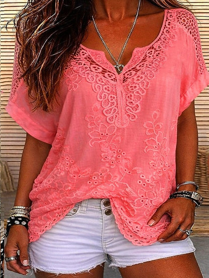 Blusa para mujer con encaje bordado y escote en V