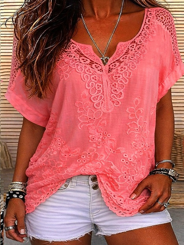 Blusa para mujer con encaje bordado y escote en V
