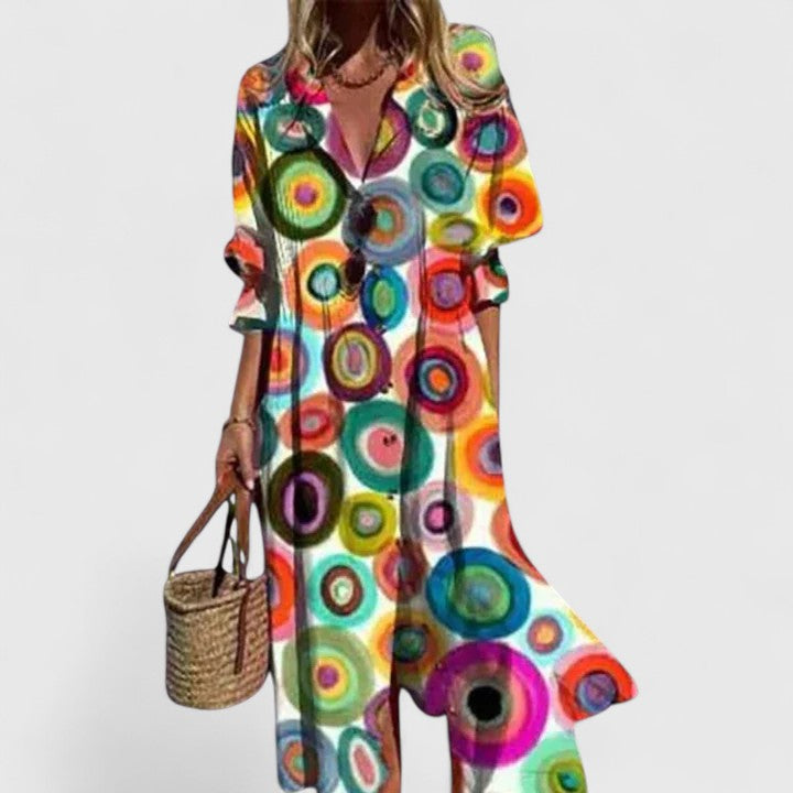 Vestido camisero maxi con estampado de hojas – Elegancia boho desenfadada