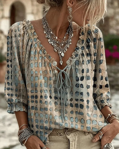 Blusa mujer de lunares con escote en V y cordón ajustable