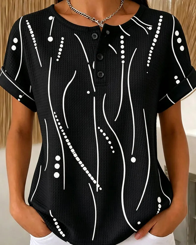 Camiseta de mujer de manga corta con estampado gráfico y botones