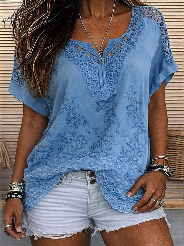 Blusa para mujer con encaje bordado y escote en V