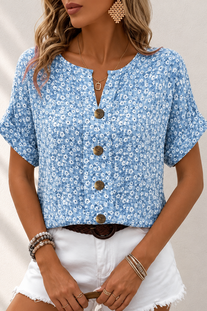 Blusa floral de mujer con botones y manga corta