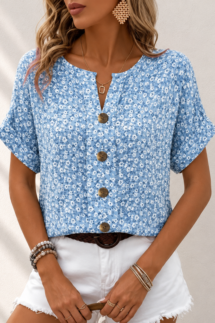 Blusa floral de mujer con botones y manga corta