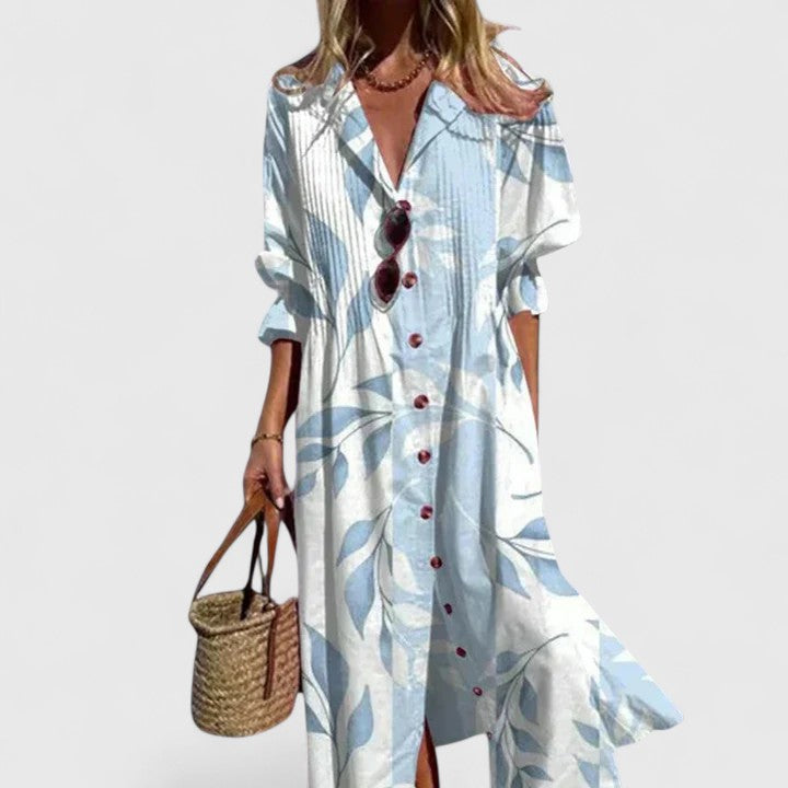 Vestido camisero maxi con estampado de hojas – Elegancia boho desenfadada