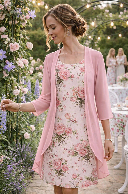 Conjunto de vestido floral para mujer con cárdigan ligero
