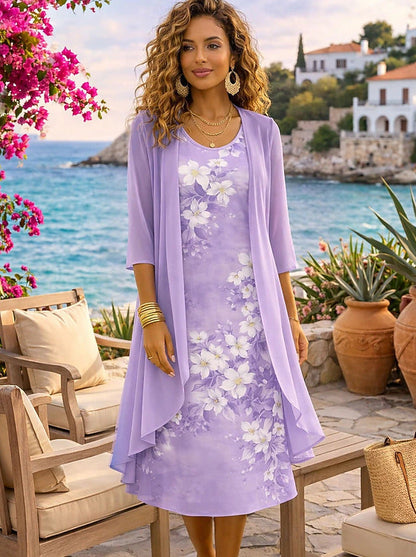 Conjunto de vestido floral para mujer con cárdigan ligero