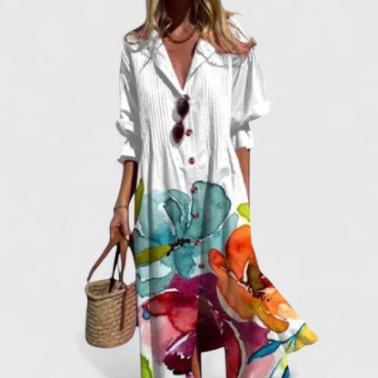 Vestido camisero maxi con estampado de hojas – Elegancia boho desenfadada