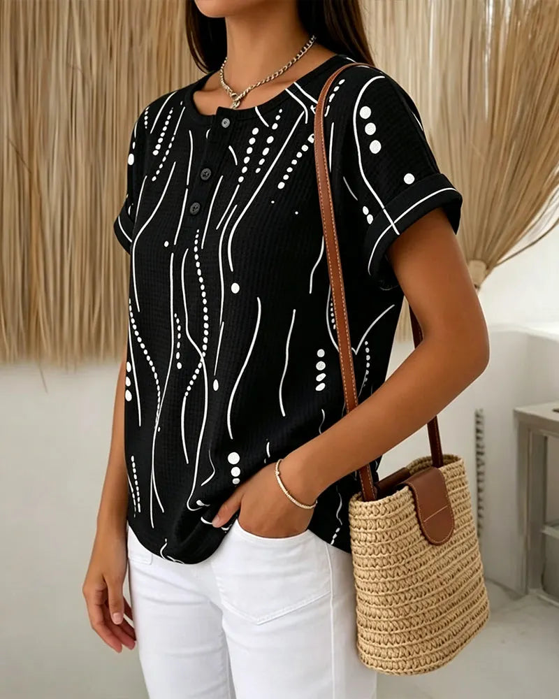 Camiseta de mujer de manga corta con estampado gráfico y botones