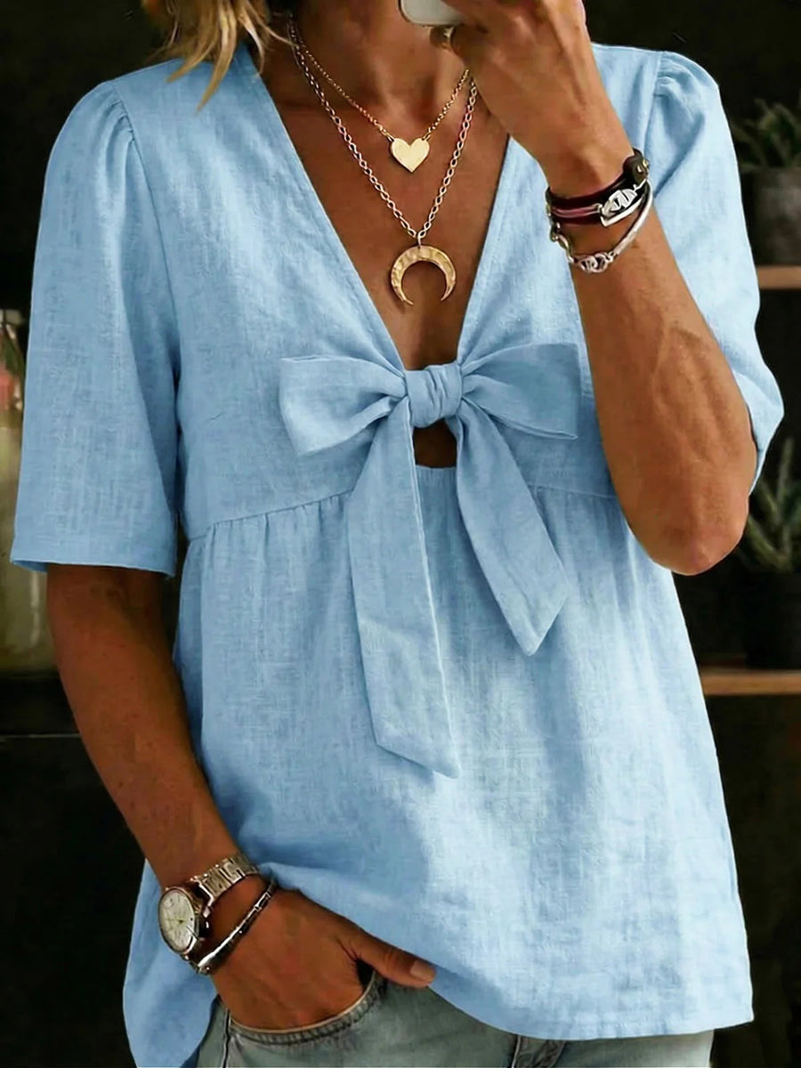 Blusa de dama de algodón y lino con lazo y escote en V