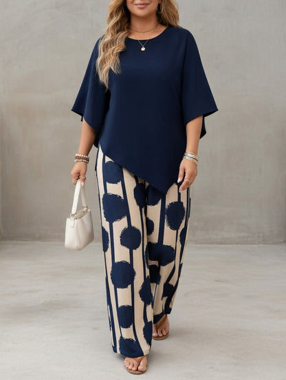 Conjunto de mujer con top asimétrico y pantalón estampado