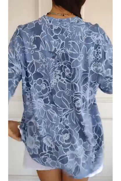 Blusa mujer floral con bolsillo de lentejuelas y botones