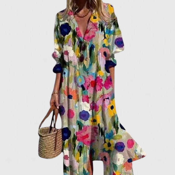 Vestido camisero maxi con estampado de hojas – Elegancia boho desenfadada