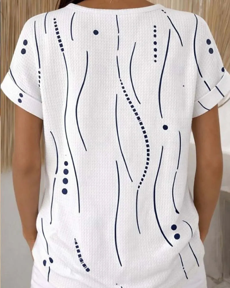 Camiseta de mujer de manga corta con estampado gráfico y botones