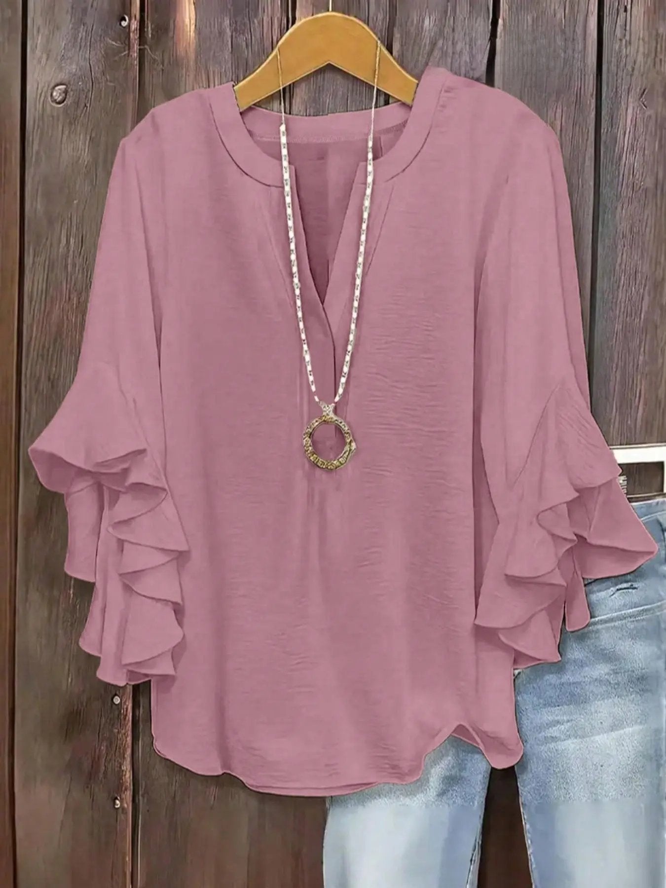 Blusa para mujer con escote en V y mangas acampanadas