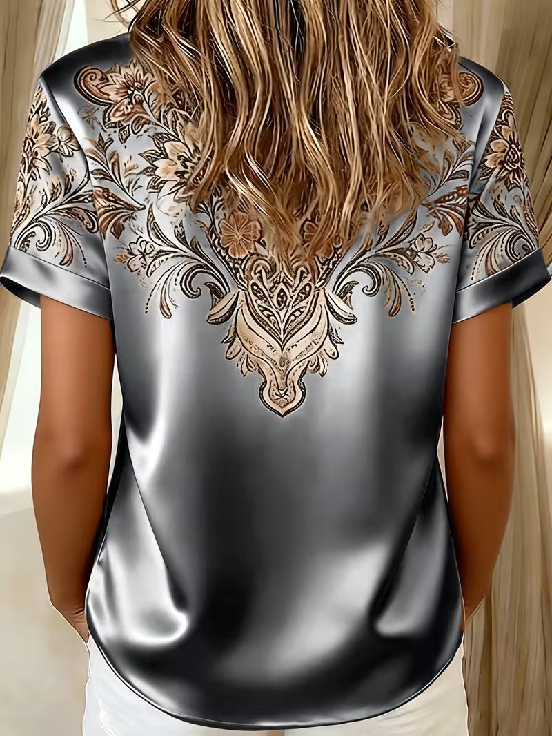 Blusa de satén para mujer con estampado floral y cuello clásico