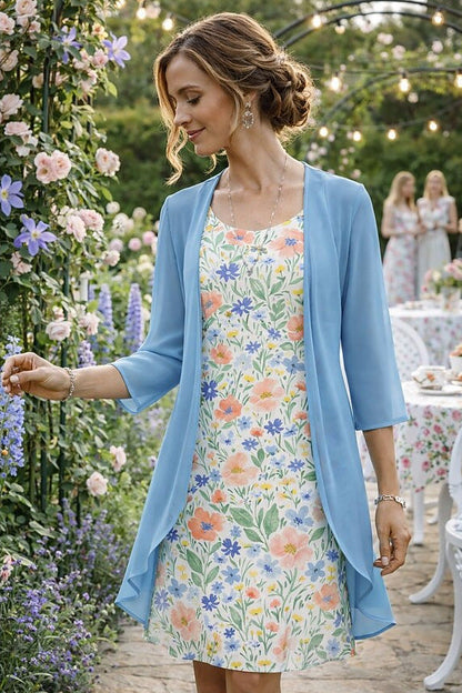 Conjunto de vestido floral para mujer con cárdigan ligero