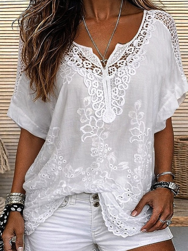 Blusa para mujer con encaje bordado y escote en V