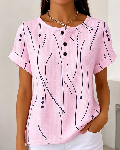 Camiseta de mujer de manga corta con estampado gráfico y botones