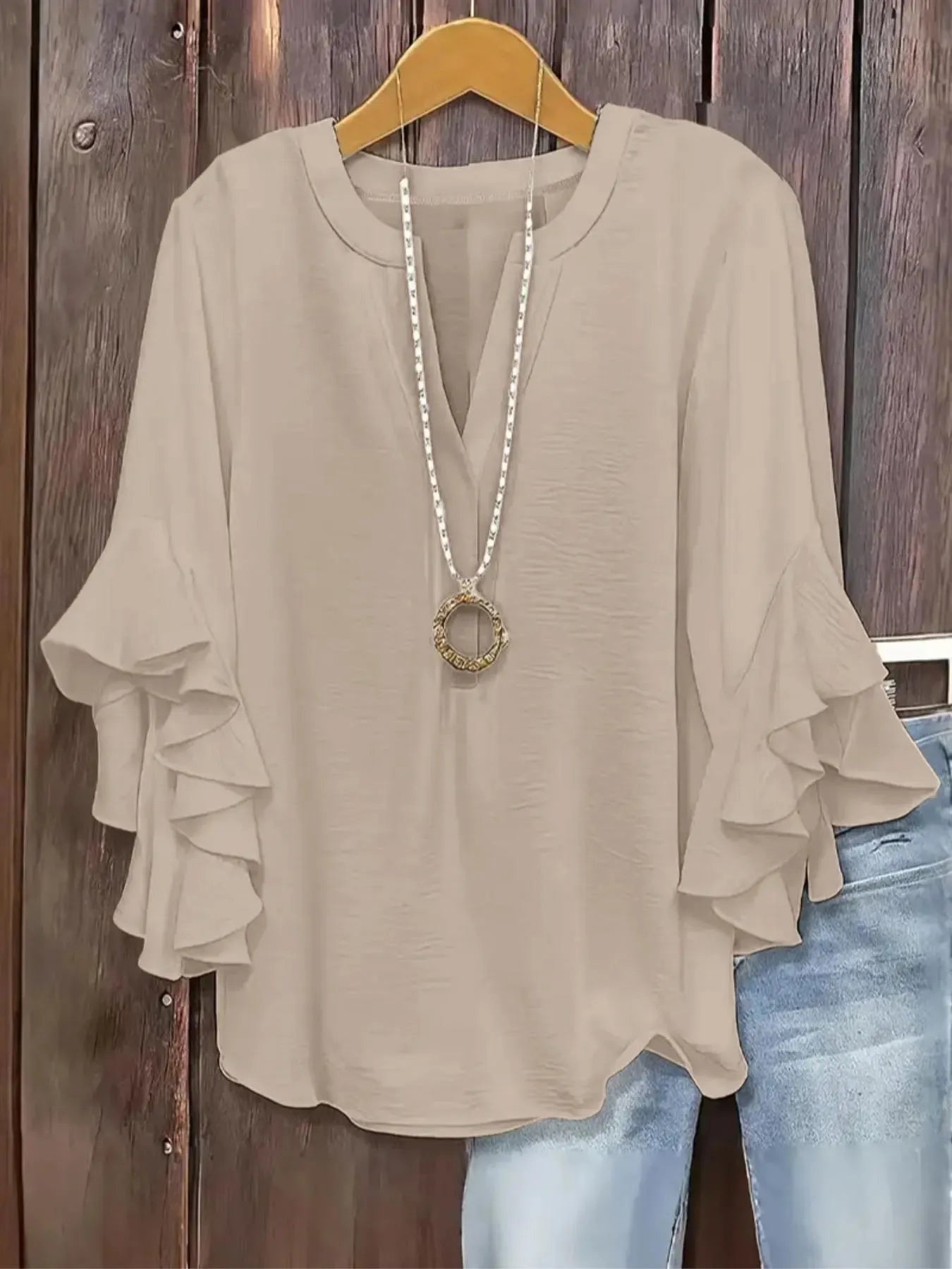 Blusa para mujer con escote en V y mangas acampanadas