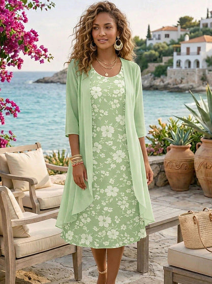 Conjunto de vestido floral para mujer con cárdigan ligero