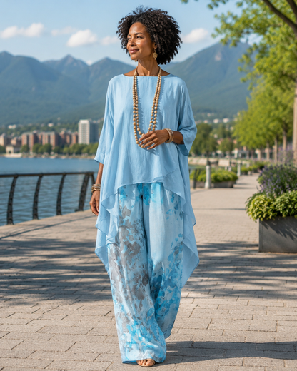 Conjunto mujer bohemio con blusa fluida asimétrica y pantalón floral