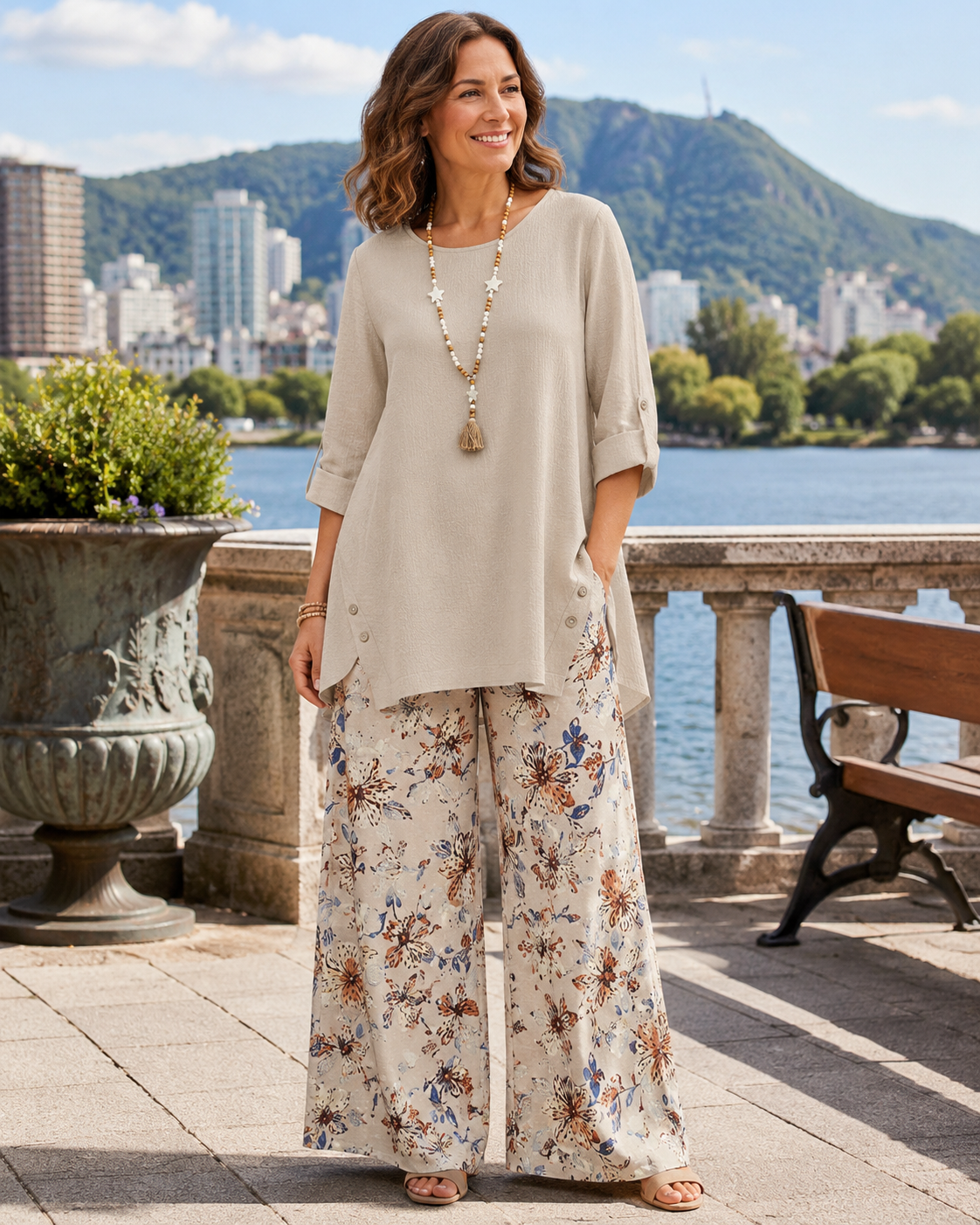 Conjunto mujer algodón lino con blusa amplia y pantalón floral