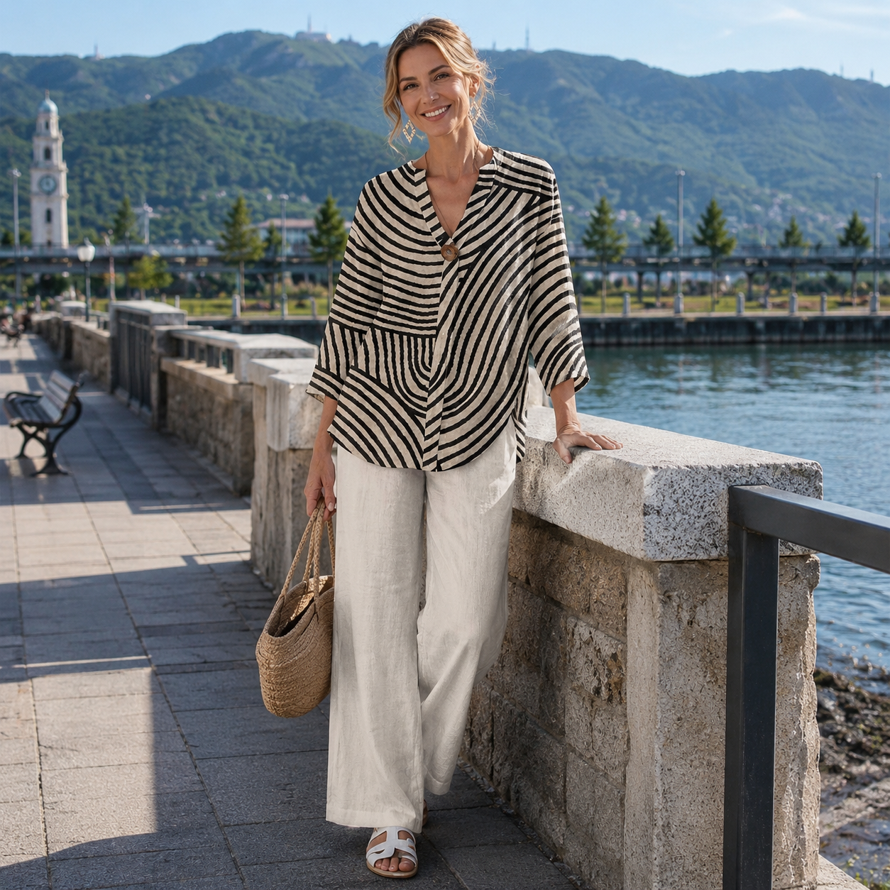 Conjunto mujer con blusa a rayas y pantalón ancho casual chic