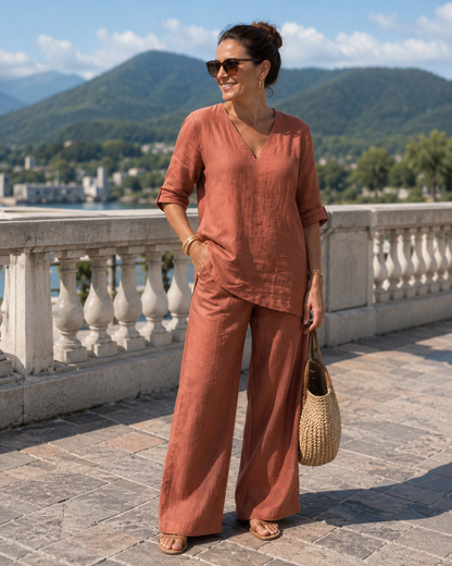 Conjunto de lino y algodón para mujer con pantalón ancho