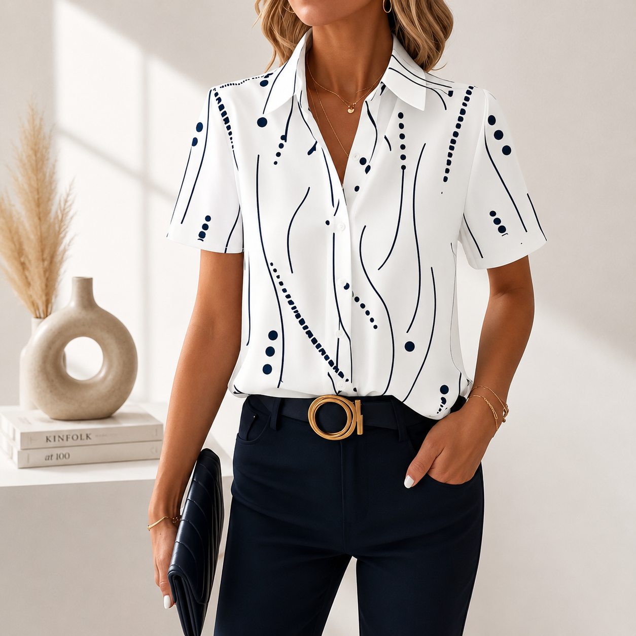 Blusa de mujer con estampado abstracto y cuello camisero